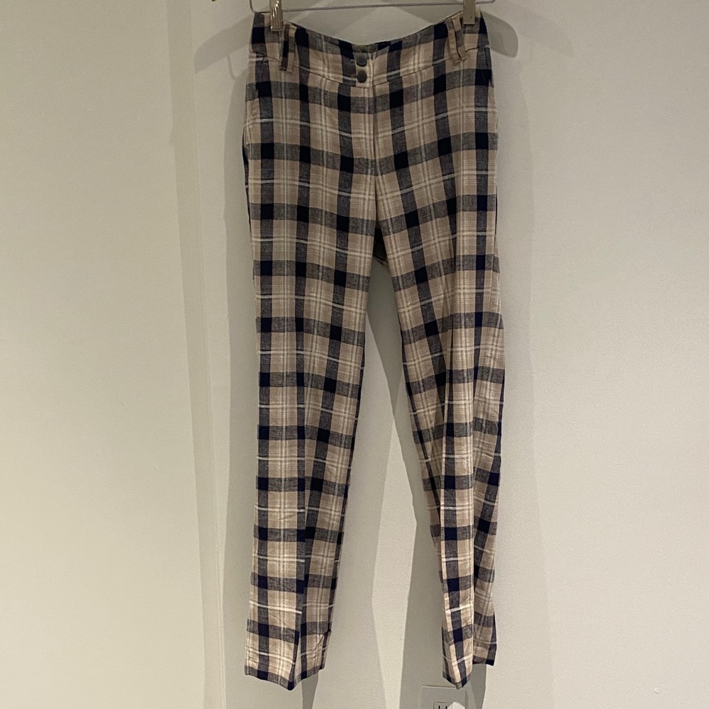 EUC H&M Linen Blend Plaid Pants Blue, White, And Tan Size 2